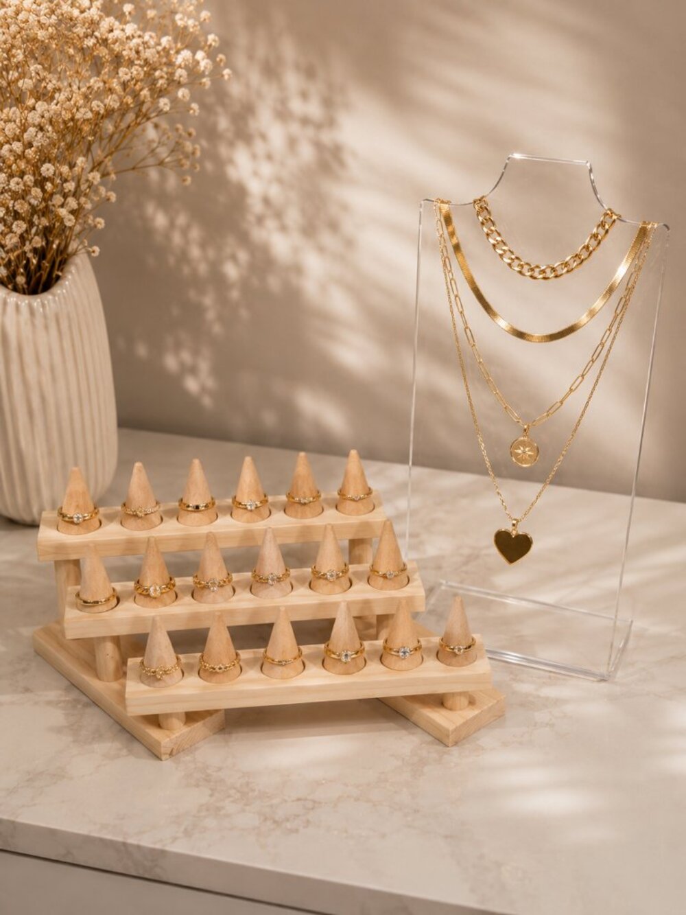 2 Piece Jewelry Display Set Wooden Ring Holder Necklace Stand